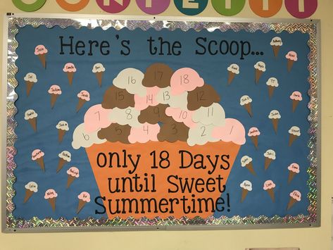 End of the school year bulletin board count down! Ice cream theme 🍦🍦🍦 Quick And Easy Bulletin Board Ideas, Countdown To Summer Classroom Door, Summer Countdown Bulletin Board, Ecse Activities, Tk Crafts, Cafeteria Decorations, Count Down To Summer, Summer Countdown, Pto Board