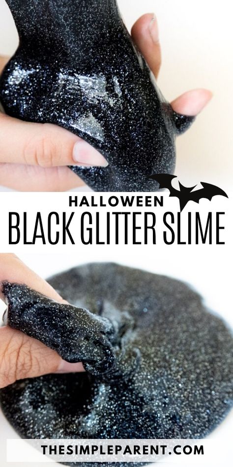 Celebate Halloween with easy to make glitter slime! Black slime is perfect for spooky fun with the kids. Use contact solution to make this easy slime recipe. Halloween Slime Recipe Easy, Halloween Slime Diy, Halloween Slime Station, Spooky Slime Recipe, Ghost Slime Recipe, Chia Slime Sensory, Halloween Slime Ideas, Spider Web Slime, Pumpkin Slime Recipe Easy