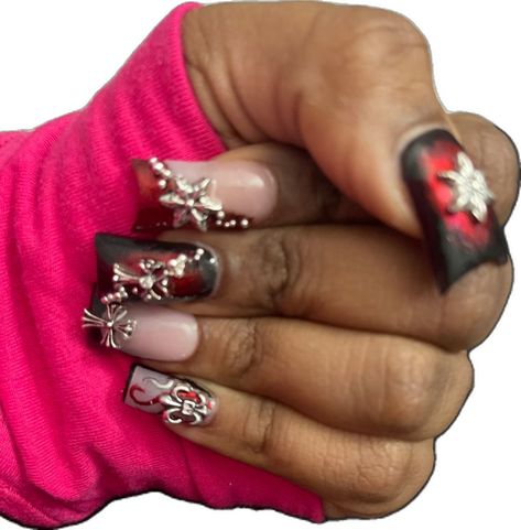 Duckies Nails Y2k, Black And Red Bling Nails, Black And Red Duck Nails, Y2k Duck Nails Short, Y2k Nails Duck, Exotic Duck Nails, Duck Nail Designs Y2k, 2000s Duck Nails, Green Duck Nails