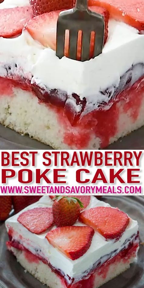 Easter Strawberry Desserts, Strawberry Birthday Desserts, Strawberry Poke Cake Jello, Strawberry Desserts Recipes, Strawberry Poke Cake Recipe, Easter Poke Cake, Recipes With Strawberries, Bolo Red Velvet Receita, Non Chocolate Desserts