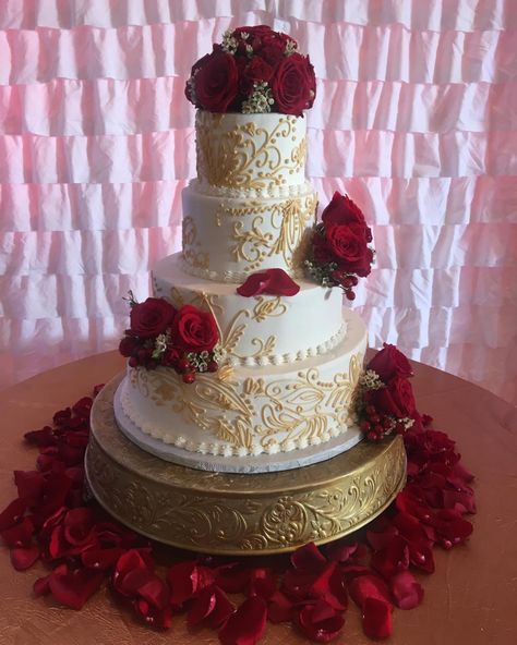 Barb's Cakery on Instagram: “A gorgeous, golden wedding cake with red rose accents. #barbscakery #goldencake #buttercreamcake #fresnocakes #weddingcake” Quinceanera Red And Gold, Quinceanera Red, Quince Cakes, Red Gold Wedding, Quince Cake, Red Quince, Quinceanera Planning, Quinceanera Cakes, Quince Decorations