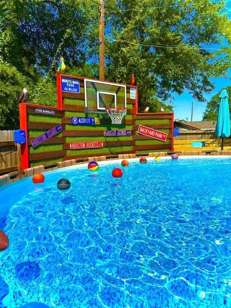 Pool Slide Diy, Above Ground Pool Slide, Goal Wall, Pool Basketball, Basketball Goal, Dream Backyard Pool, Outdoor Pool Area, Pool Hacks, Swimming Pool Hot Tub