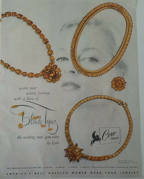 Jewellery Advertising, Jewelry Ad, Coro Jewelry, Magazine Advertisement, Jewelry Ads, Gem Necklace, Vintage Jewels, Necklace Vintage, Vintage Costume Jewelry