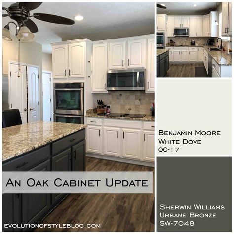 White Dove and Urbane Bronze Painted Cabinets - Evolution of Style Kitchen Cabinet Paint Colors With Tan Granite, St Cecilia Granite Kitchen Update, Oak Cabinet Update, Kitchen Cabinet Paint Colors, Cabinet Update, Kitchen Cabinet Paint, Urbane Bronze, Urban Bronze, Painting Kitchen Cabinets White