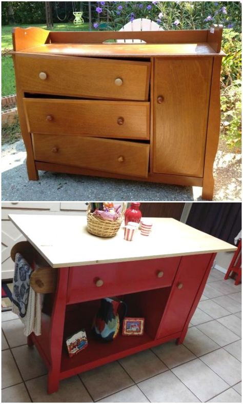 Just because the kids have outgrown the changing table doesn't mean you have to. Upcycle it into a bright, fun kitchen island and nobody will know you pulled double duty on your baby gear.  Get the full tutorial here.    - Redbook.com Diy Kitchen Island, Kitchen Diy, Plywood Furniture, Refurbished Furniture, Recycled Furniture, Flipping Furniture, Redo Furniture, Repurposed Furniture, Upcycled Furniture