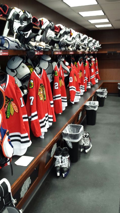 The locker room.  HAWKS.  2013 Hockey Locker, Hockey Locker Room, Hawks Basketball, Hawks Nest New York, Sport Management, Hockey Baby, Black Hawk, Blackhawks Hockey, Locker Room