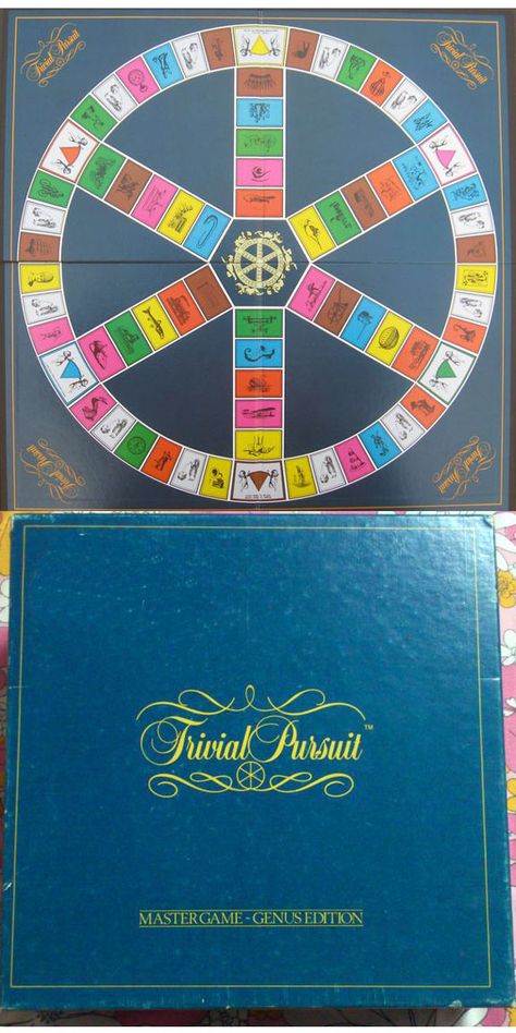 Trivial Pursuit is the original trivia game that started it all. Each player has a circular playing piece with six pie-shaped holes. The goal of the game is to collect a pie in each color. The colors correspond to different question categories. The board consists of a circular track with spaces in seven different colors. Six of the colors correspond to question categories while the last color gives a new dice roll. Trivial Pursuit, Family Channel, Childhood Games, Trivia Game, Make Happy, Trivia Games, The Goal, Game Show, I Am Game