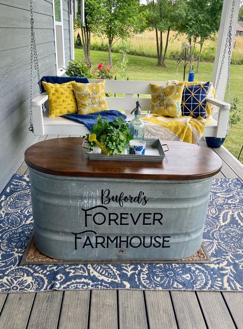 Front Porch Table, Diy Benches, Galvanized Stock Tank, Porch Table, Old Table, Porch Swings, Stock Tank, Diy Bench, Big Ideas