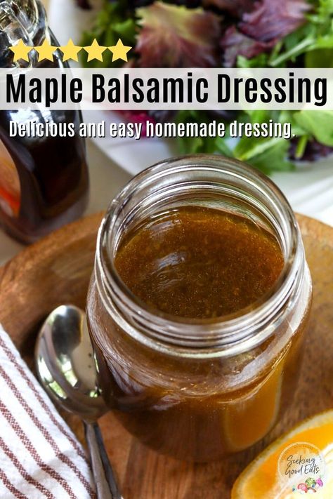 This Maple Balsamic Dressing is the perfect vinaigrette salad dressing! Pair with your favorite salad, use as a marinade or as a dipping sauce. The possibilities are endless - and delicious! Only 5 minutes and 7 ingredients to make this healthy vinaigrette recipe! Make it keto using a sugar free maple syrup. Maple Balsamic Dressing Vinaigrette, Best Homemade Vinaigrette, How To Make Vinegarette Dressing, Salad Dressing Recipes With Maple Syrup, Salad Dressing Recipes Homemade Balsamic, Sweet Vinegarette Dressing Recipe, Maple Syrup Vinaigrette Dressing, Maple Syrup Dressing Vinaigrette Recipe, Maple Vinegrette Dressing