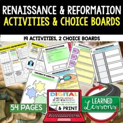 Renaissance & Reformation Activities Choice Board Print & Digital Google #worldhistory #world #history #high #school History Graphic Organizers, American History Curriculum, World History Classroom, Ngss Science, Digital Interactive Notebook, High School Social Studies, Choice Board, History Curriculum, Ap World History