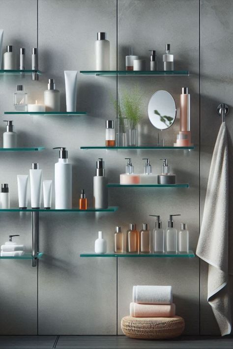 Create an illusion of space with these sleek floating glass shelves. Perfect for displaying your favorite toiletries in style! #ModernBathroom #StorageSolutions Illusion Of Space, Floating Glass Shelves, Accessories Ideas, Modern Glass, Glass Shelves, Modern Bathroom, Bathroom Accessories, Storage Solutions, In Style