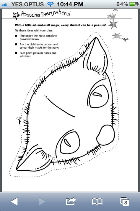 Possum Magic mask template found at http://www.scool.scholastic.com.au/schoolzone/toolkit/Possum_Magic_Party_Notes%2008.pdf Possum Theme Party, Possum Craft Preschool, Possum Party Ideas, Marsupials Activities, Possum Magic Activities, Wombat Stew, Possum Magic, Australia Crafts, Magic Theme