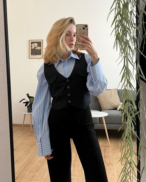 Outfit Ideas Vintage Classy, Women Vests Outfits, Style With Vest Outfit Ideas, Vest Outfits Work, Blue Shirt Winter Outfit, Vest With Shirt Outfit Ideas, Formal Shirts Women Work Outfits, Vest Set Outfits For Women, Formal Vest Outfits