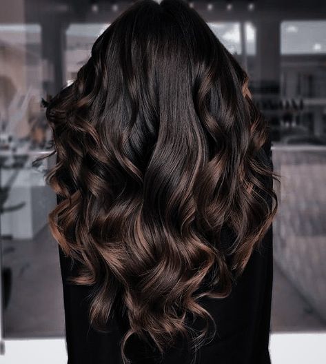 Balayage For Dark Brown Hair Natural, Black Chocolate Balayage, Dark Baylage Hair Black, Balayage On Long Black Hair, Long Hair Balayage Black, Black Hair Highlights And Lowlights, Coffee Brown Highlights On Dark Hair, Dark Brown Hair With Baylage, Dark Rich Chocolate Brown Hair Color