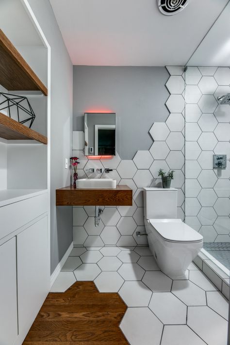 Bathroom With Floating Vanity, Hex Tiles Bathroom, Hexagon Tile Bathroom, Hex Tiles, Octagon Tile, Small Bathroom Wallpaper, Bathroom Decorating Ideas, Hexagon Tile, Small Bathroom Ideas Modern