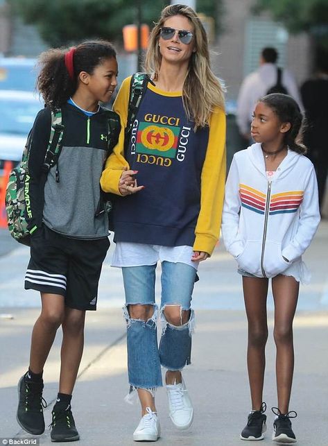 Heidi Klum is a Gucci mom in designer sweatshirt as she walks her kids to summer camp in New York | Daily Mail Online Black Guy White Girl, Heidi Klum Style, Mom And Kids, Leni Klum, Designer Sweatshirts, Celebrity Families, Day Camp, Mommy Style, Celebrity Kids