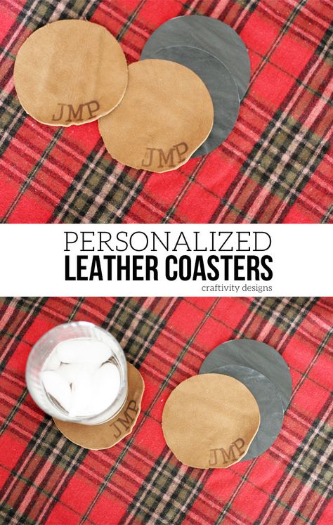 DIY Personalized Leather Coaster Set Diy Leather Gifts, How To Make Leather, Leather Coaster Set, Leather Coaster, Craft Projects For Adults, Inexpensive Christmas Gifts, Handmade Gifts For Men, Diy Crafts For Adults, Coaster Sets