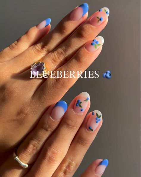 Short Gel Nails Fruit, Blueberry Nails Design, Blueberry French Nails, Fun Bridesmaid Nails, Nails With Blueberries, Blueberry Gel Nails, Blueberry French Tip Nails, Blueberry Nails Acrylic, Fruity Summer Nails