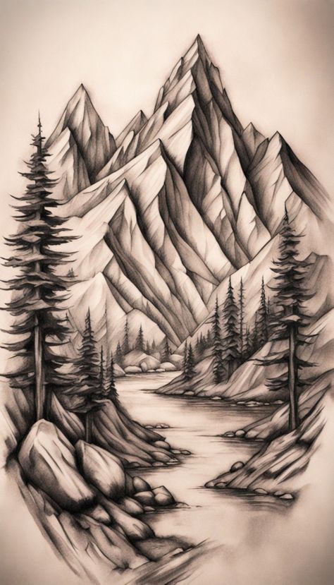 Mountain And Trees Drawing, Mountain And Stream Tattoo, Black And Grey Mountain Tattoo, Mountain Background Tattoo, Mountain Scene Tattoo Design, Mountain And Trees Tattoo Design, Mountain Tattoo Stencil, Tree And Mountain Tattoo, Mountains Tattoo Design