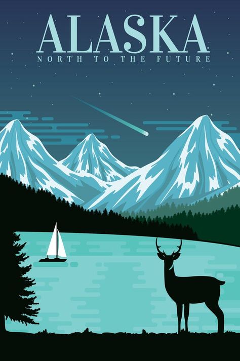 Alaska Travel Poster Travel GiftAll of our fine art prints are produced with acid-free archival papers or heavyweight Exhibition Gallery Canvas (stretched or unstretched) with archival inks to guarantee that our prints last a lifetime without fading or loss of color. Our Decal prints are backed with a repositionable adhesive that removes cleanly and easily with no residue. CUSTOMIZATION Please feel free to contact us for custom print sizes. We are able to print just about any size. SHIPPING AND Alaska Illustration, Vernacular Typography, Alaska Poster, Alaska Art, Father Art, State Posters, Travel Poster Design, Tourism Poster, Wall Art Travel