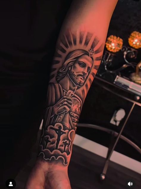 San Judas Tadeo Tattoo Forearm, San Judas Forearm Tattoo, San Judas And Virgen Tattoo Together, Tattoo Hombre Brazo, San Judas Tattoo, San Judas Tadeo Tattoo, Jesus Tattoo Sleeve, Forearm Tattoo Quotes, Rib Tattoos For Women