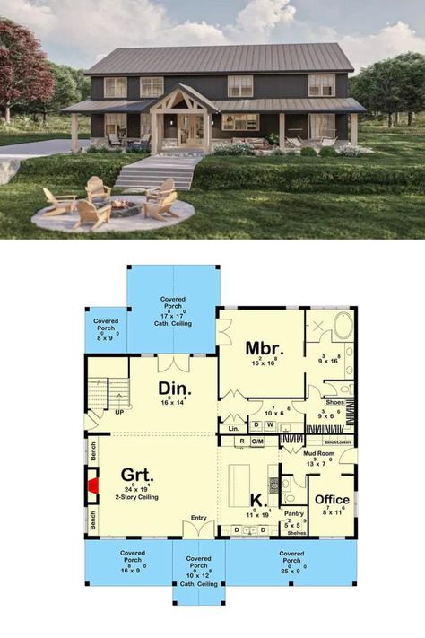 Two-Story 4-Bedroom Barndominium-Style  House Plan with Loft and Balcony Stone Skirting, Barndominium With Loft, Home With Loft, Barndominium House Plans, French Entry Doors, Home Stratosphere, Balcony Floor, Modern Country Living, Barndominium House