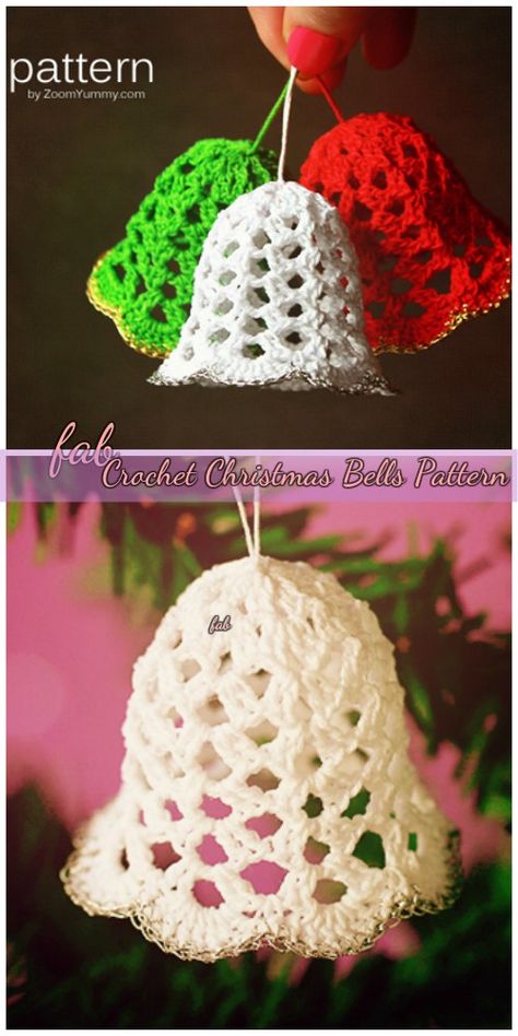 Crochet Christmas Bells Free Pattern-Video Crocheted Christmas Ornaments Bells, Crocheted Bells Free Patterns, Crochet Patterns For Christmas Ornaments, Crochet Christmas Bells, Bells Ornaments, Crochet Puff Flower, Crochet Christmas Ornaments Free, Chirstmas Decor, Christmas Crochet Patterns Free