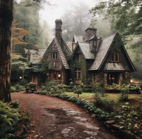 Cottage Ore House, Magical Forest Cottage, Woodland House Aesthetic, Witch’s Cottage, Fairytale Cottage Exterior, Cottages Aesthetic, Cottage Aesthetic House, Cottage In The Woods Fairytale, Cottage In The Woods Aesthetic