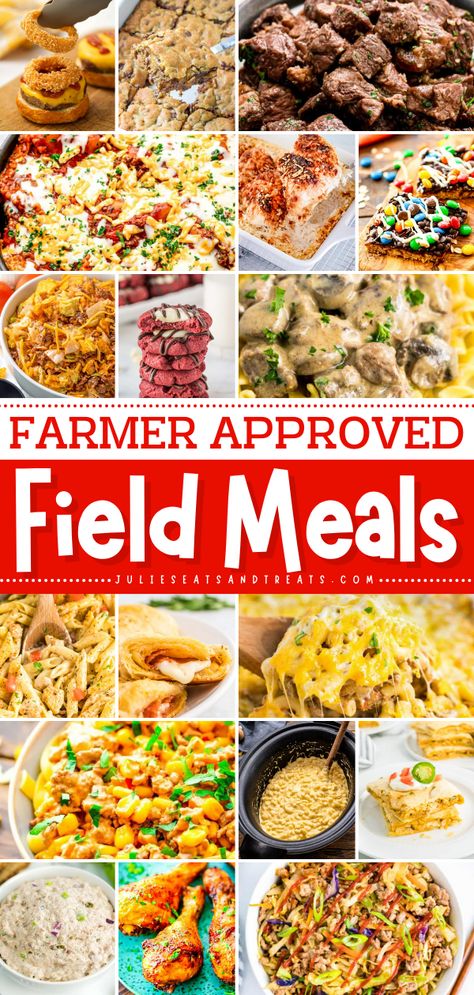 Tons of inspiration for field friendly meals that will feed your hungry farmers through the spring and fall. The best part, these are all tested by a farm family and given their approval. Everything from sliders, casseroles, sandwiches and more! Meals That Feed A Lot, Easy Handheld Meals, Dinners For Farmers, Lunch Ideas For Farmers During Harvest, Farmer Approved Tractor Meals, Easy Farm Field Meals, Harvest Meals To Take To The Field, Farming Meal Ideas, Farmer Friendly Meals