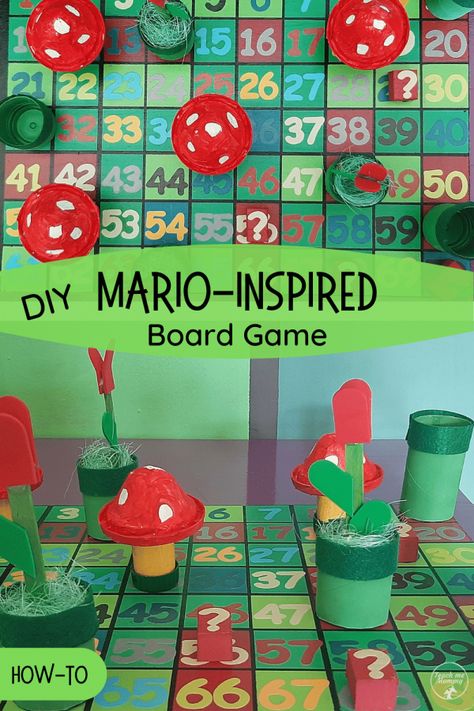 DIY Mario- inspired Board Game How To Make A Bored Game, Diy Boardgames Homemade, Diy Board Game Pieces, Diy Mario Game, Diy Game Pieces, Video Game Themed Activities For Kids, Math Board Games Diy Project, Board Games Diy Make Your Own, Diy Gameboard