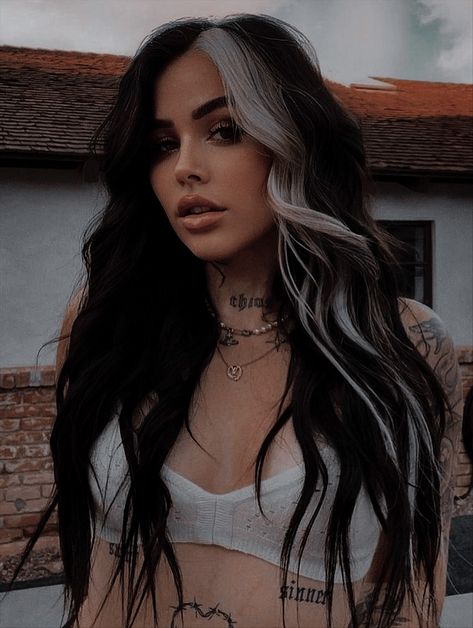 Money Piece Hair Dye Ideas, Black Hair With Front Pieces, Hottest Brunette Hair Color, Black Hair With Blonde Money Piece Only, Black Blonde Money Piece, One Piece Dyed Hair, Peekaboo Color Lash Extensions, Strip Of Blonde In Black Hair, Dark Hair With One Streak Of Color