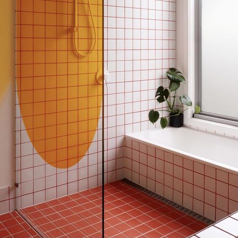 White Tiles Red Grout, Orange Grout Bathroom, Orange Grout, Orange Tiles, Orange Bathrooms, Bathroom White, Yellow Bathroom, White Bathroom Tiles, Yellow Bathrooms