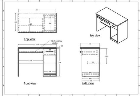 Office Table Detail Drawing, Study Table Working Drawing, Furniture Technical Drawing, Table Detail Drawing, Study Table Drawing, Table Blueprints, Furniture Sketches, Furniture Details Drawing, Computer Table Design