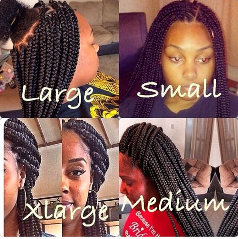 I want these in large or extra large but don't know how long they would last with my natural hair..anybody know plez leave a comment Braid Sizes Chart, Braids Chart, Box Braid Sizes, Braid Sizes, Thick Braids, Large Box Braids, Twisted Hair, Blonde Box Braids, Long Box Braids