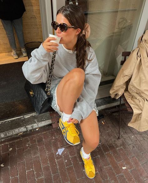 Girl, 2023, summer, autumn, moda, coffee, glass, dag, you, style, 2024, Tiger Shoes Onitsuka Woman Outfit, Onitsuka Tiger Outfit, Yellow Shoes Outfit, Sneakerhead Outfits, Tiger Shoes, Yellow Adidas, Fall Fashion Coats, Yellow Sneakers, Yellow Fits