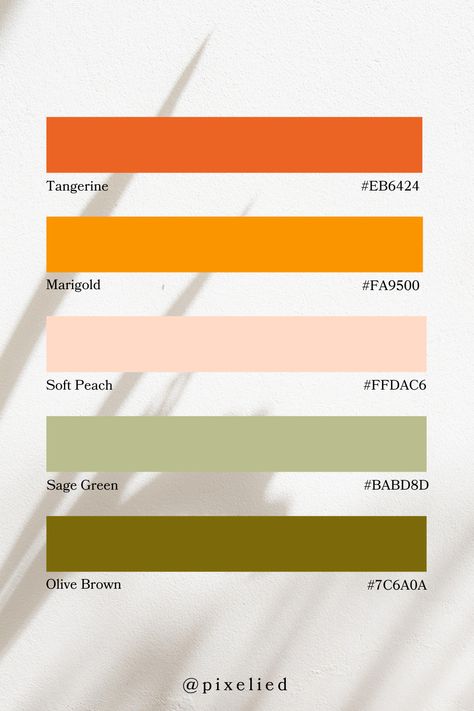 This Green & Orange Tone palette showcases bold tangerine, vibrant marigold, delicate soft peach, muted sage green, and deep olive brown. The mix of warm, bright tones with grounding earthy shades makes it ideal for balanced and visually appealing designs. Peach Olive Color Scheme, Olive And Peach Color Palettes, Vibrant Earth Tones, Marigold Color Palette, Color Palette Sage Green, Olive Color Palette, Sage Green And Peach, Sustainable Event, Color Scheme Generator