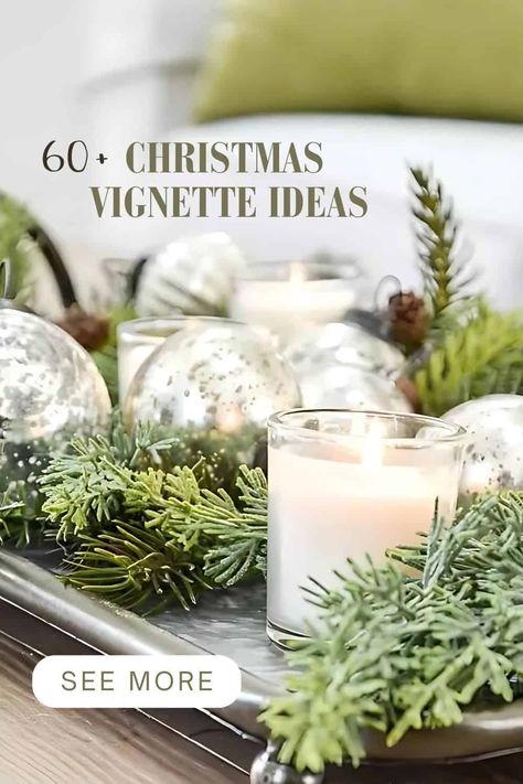 Discover 60  creative and inspiring ideas for styling festive Christmas vignettes. Find tips to add holiday charm to your home! Christmas Vignettes Ideas, Winter Dough Bowl, Vignettes Styling Display Ideas, Christmas Vignettes Display, Christmas Tray Decor Ideas, Christmas Tray Decor, Stone Gable, Christmas Foyer, Christmas Vignette