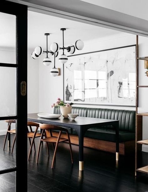 a mid century modern space with a green leather banquette seating and a black table Design Interior Modern, Kitchen Updates, Restaurant Seating, Booth Seating, Interior Design Awards, Banquette Seating, Contemporary Dining Room, Floor Seating, Dining Nook