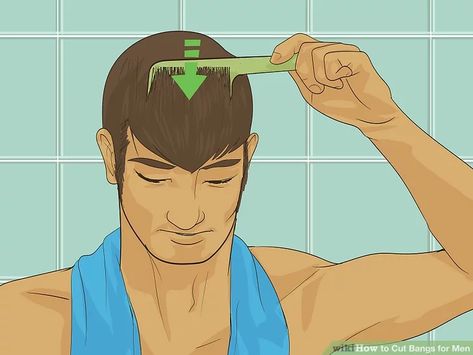 How to Cut Bangs for Men: 13 Steps (with Pictures) - wikiHow How To Style Bangs Men, Bangs On Men, Boy Bangs Haircut, Fringe Bangs Men, Long Fringe Haircut Men, Mens Bangs Haircut, Long Fringe Hairstyles Men, Bangs Men Hairstyle, Fringe Cut Men