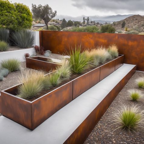 Corten Steel Box Planters – MK Design Elements Corten Planter Boxes, Corten Steel Landscaping, Rust Planters, Planter Box Plants, Corten Fence, Corten Steel Retaining Wall, Rooftop Planters, Corten Steel Garden, Urban Planters