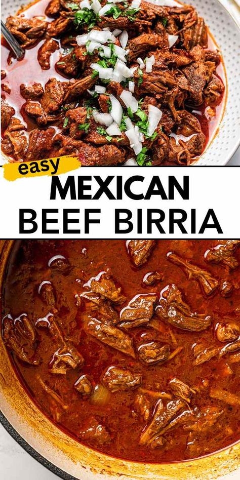 Beef birria or Mexican birria de res is a hearty slow-cooked stew that's packed with incredible flavor and super tender beef. You can enjoy it on its own or whip up some delicious birria tacos! How To Make Birria De Res Recipe, Beef Barrio Tacos, Beef Birria Recipe Mexican, Beef Pozole Recipe, Authentic Birria Recipe, Birria Recipe Mexican, Birria Recipes, Authentic Pozole, Barrio Tacos