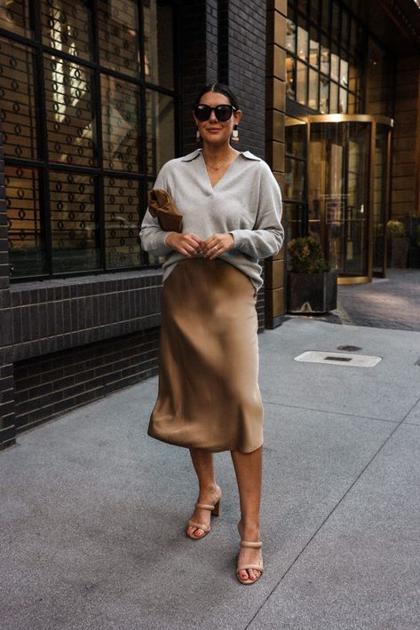 Gwyneth Slip Skirt, Brown Satin Midi Skirt Outfit, Slip Skirt With Sweater, Slip Skirts Outfit, How To Style A Slip Skirt, Brown Slip Skirt Outfit, Midi Slip Skirt Outfit, Satin Skirt And Sweater Outfit, Brown Silk Skirt Outfit