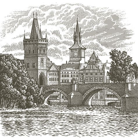 Praha on Behance Pencil Sketches Creative, Pencil Sketches Creative Inspiration, Prague Sketch, Pencil Sketches For Beginners, Portrait Drawing For Beginners, Sketches Landscape, Sketches For Beginners, Pencil Sketches Landscape, Castle Sketch