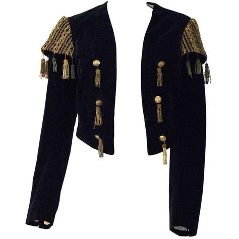 Preowned 20s Black Velvet Matador Bolero Jacket With Gold Metal... ($395) ❤ liked on Polyvore featuring outerwear, jackets, black, bolero jackets, velvet bolero jacket, embroidery jackets, shoulder pad jacket, bolero jacket and embroidered jacket Matador Costume, Velvet Bolero, Black Bolero, Tassel Jacket, Jacket Embroidery, Salsa Dress, Aesthetic Print, Outfit Png, Jackets Black