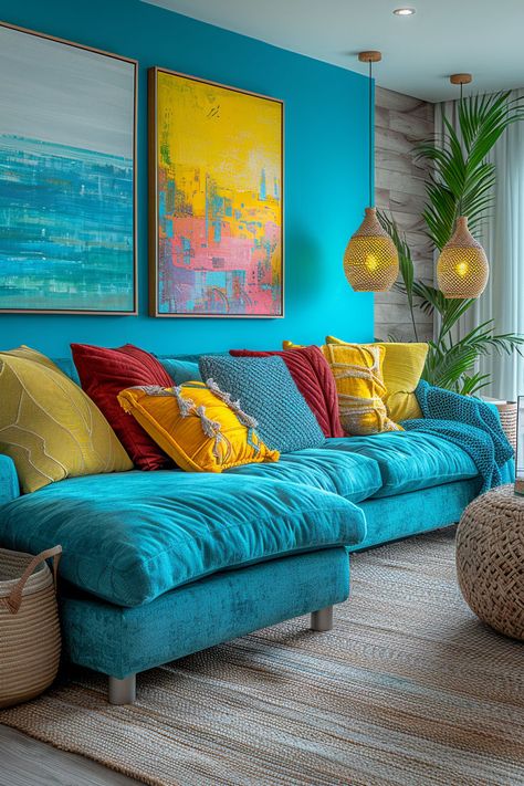 vibrant living room decor, living room ideas, living room inspo, colorful living rooms, Beautiful Living Room Ideas Small Spaces, Artist Living Room Inspiration, Teal And Fuschia Living Room, Turquoise And Pink Living Room, Teal Yellow Pink Living Room, Bright Livingroom Wallpaper, Dopamine Decor Living Room, Colorful Living Room Inspiration, Vibrant Living Room Ideas