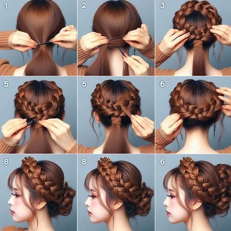 A braided crown is a gorgeous and whimsical hairstyle that gives a regal touch to your homecoming look. To create this style, part your hair down the middle and braid two sections on each side of your head. Wrap each braid around the crown of your head and pin them in place. This hairstyle works best on medium to long hair and gives off a romantic, boho vibe that’s perfect for homecoming. Side Crown Braid, Braided Updo For Wedding, Bun With Crown, Crown Hairstyles Braided, Coronet Braid, Braid For Big Forehead, Braided Crown Updo, Crown Braid Tutorial, Crown Braid Updo