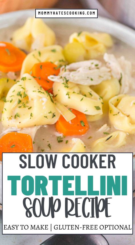 Cozy up with this hearty Chicken Tortellini Soup made in the slow cooker! Packed with tender chicken, flavorful veggies, and cheesy tortellini, this easy recipe is perfect for busy weeknights or cold days. Simply toss everything in the slow cooker and let it simmer to perfection. A comforting and delicious meal the whole family will love! Chicken Tortalini Soup, Crockpot Chicken Tortellini Soup, Tortellini Soup Slow Cooker, Tortellini Soup Recipes Easy, Chicken Tortellini Soup Crock Pot, Slow Cooker Chicken Tortellini, Crockpot Tortellini Soup, Tortellini Soup Crockpot, Easy Tortellini Soup