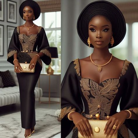 Luxe illustration | Black and Gold is a sweet combo 🤭🖤 | Instagram Black And Gold Elegant Dress, Gold Two Piece Outfit, Gold And Green Dress, Nigeria Outfit, Gold Elegant Dress, Brocade Styles, Yoruba Bride, Ankara Dress Designs, Nigerian Fashion