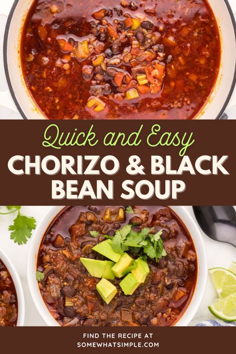 Enjoy a bowl of Chorizo and Black Bean Soup, brimming with bold flavors, ideal for cozy winter nights. It's a tad spicy, so just a heads-up if serving to little ones or those sensitive to heat. For spice enthusiasts, dial it up with a sprinkle of fresh chili on top! Black Beans With Chorizo, Black Bean Corn Chorizo Soup, Black Bean Chorizo Soup, Chorizo Black Bean, Chorizo Soup Recipes, Mexican Bean Soup, Chorizo Chili, Mexico Recipes, Zuppa Soup