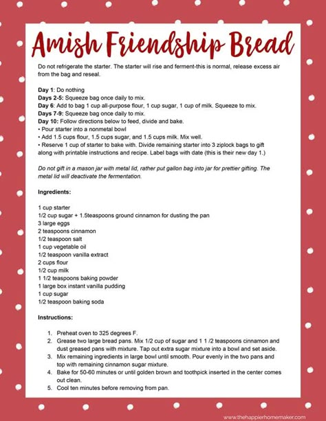 Amish Friendship Bread Recipe Printable Amish Friendship Bread Variations, Bread Starter Recipe, Amish Starter, Amish Bread Starter, Amish Bread Recipes, Starter Bread, Amish Friendship Bread Starter Recipes, Friendship Cake, Friendship Bread Recipe